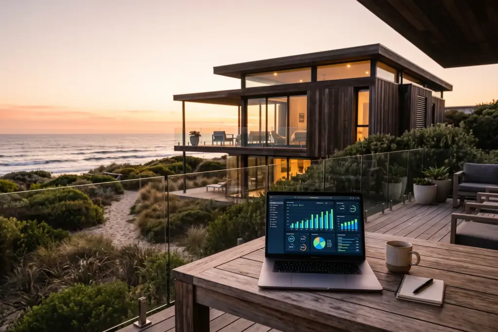Vacation rental property with laptop showing commission dashboard for Vrbo host fee change
