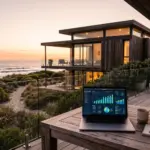 Vacation rental property with laptop showing commission dashboard for Vrbo host fee change